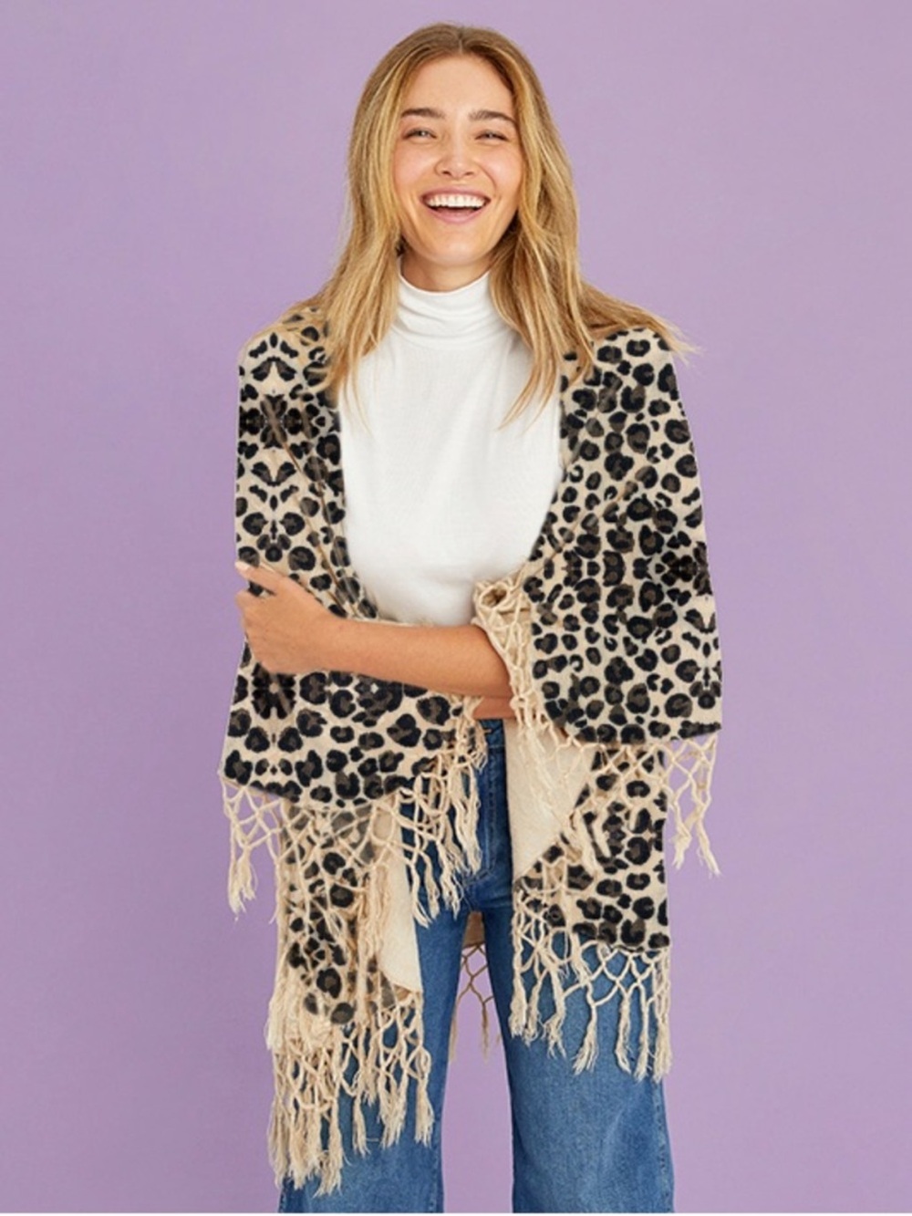 lèRumi Leopard Print Fringe Cardigan Ruana Poncho Wrap, One Size - Picture 10 of 10